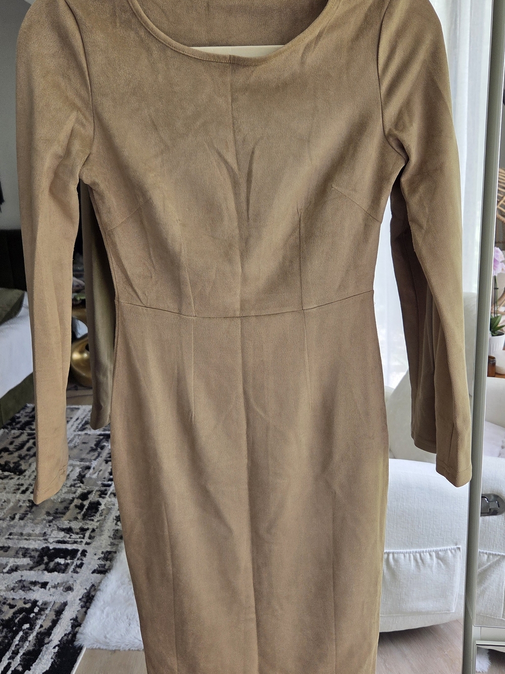 Women's Long Sleeve Faux Suede Sheath Dress in Camel - Picture 4 of 5